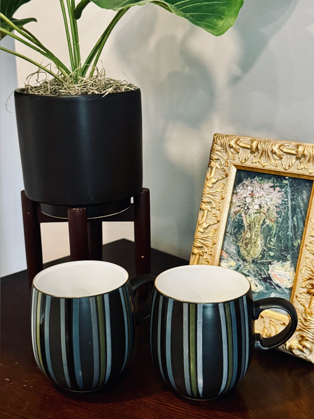 Denby Langley Set of 2 Jet Stripe Barrel Mugs Black w/Multi Stripes 4"H x3.25"D